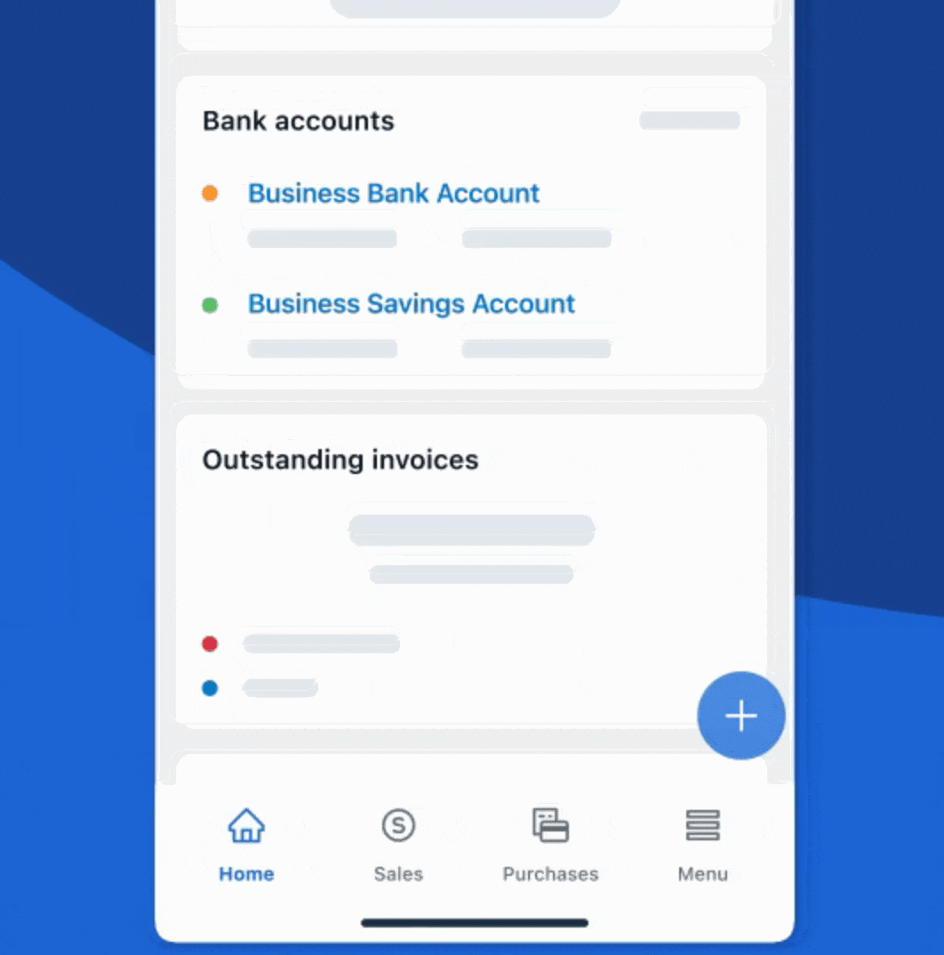 Xero mobile global navigation: opening the full-screen menu from the tab bar and closing it