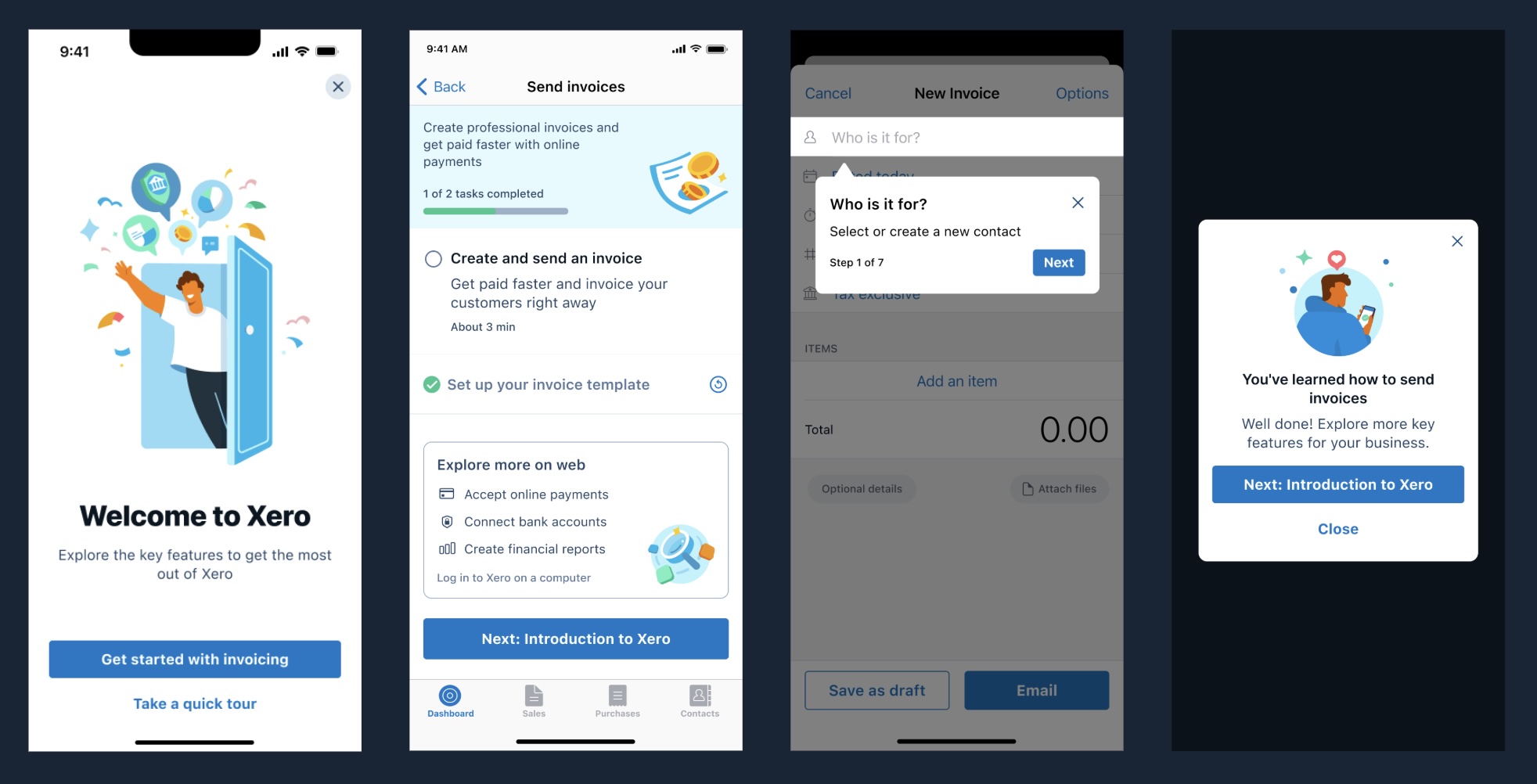Xero mobile guided setup: welcome, task progress for sending invoices, guided tour tooltip on New Invoice, and completion modal