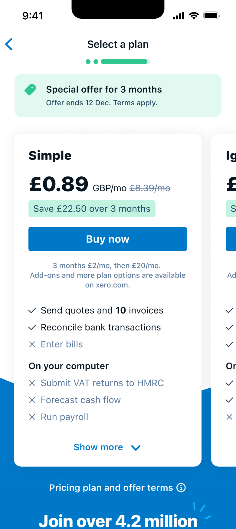 Xero mobile onboarding: account details, email and terms, and plan selection with Early, Growing, and Established options